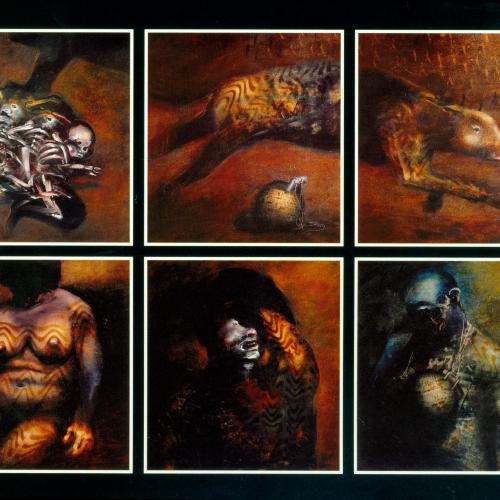 Announcements and invitations depicts: Six panels of paintings by Marshall Arisman