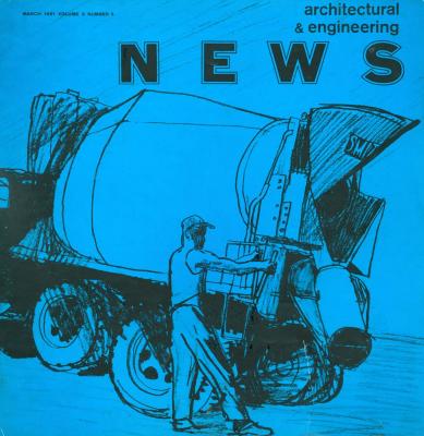 Serial Publications depicts: Drawing of man working on a cement truck on a blue background 