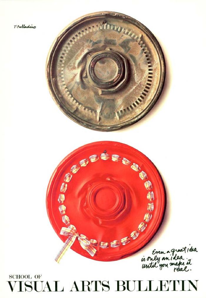 Posters depicts: Red wide brim hat with a multicolor plaid ribbon seen from above, above it is a similarly shaped piece of trash
