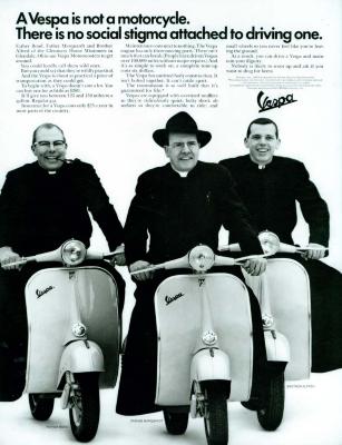 Advertisements depicts: Three Catholic priests drive white vespas 