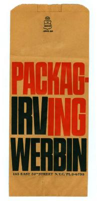 Packaging depicts: Brown paper bag with "Packag- Irving Werbin"in blocky font printed on it 