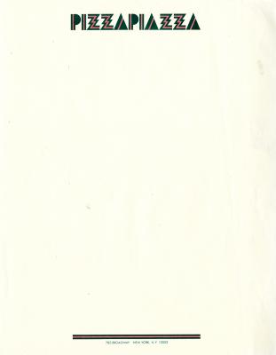 Booklet/Brochure depicts: Pizza Piazza. Letterhead, envelope