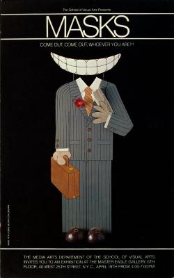 Announcements and invitations depicts: Cut out of man in suit with giant set of teeth for face
