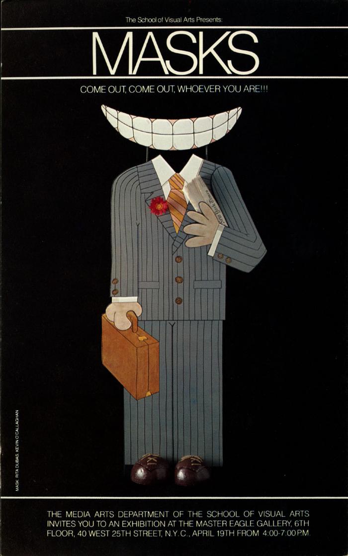Announcements and invitations depicts: Cut out of man in suit with giant set of teeth for face