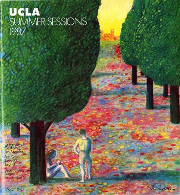 Bulletins and catalogs depicts: 2 people under a tree in a field of flowers and trees.