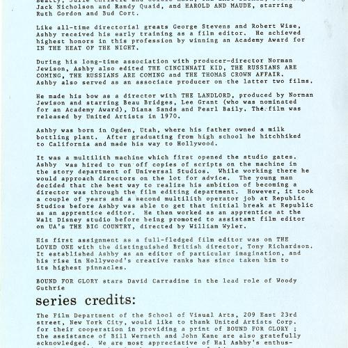 Announcements and invitations depicts: typed description of Hal Ashby's career