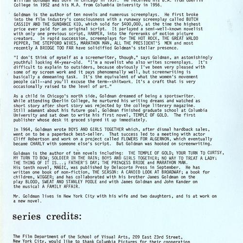Announcements and invitations depicts: description of William Goldman's career