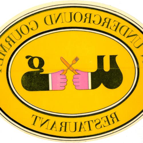 Letterheads/Stationery depicts: "g" and "u" sprouting hands with a knife and fork, clashing each other. 