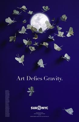 Posters depicts: A swarm of butterflies, shaped from book pages, flutter towards the moon against a deep blue background.