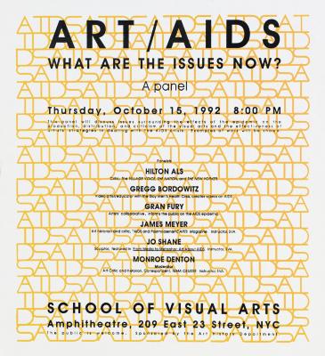 Posters depicts: event information and participant list in black on a background of the acronym "AIDS" repeated across several lines