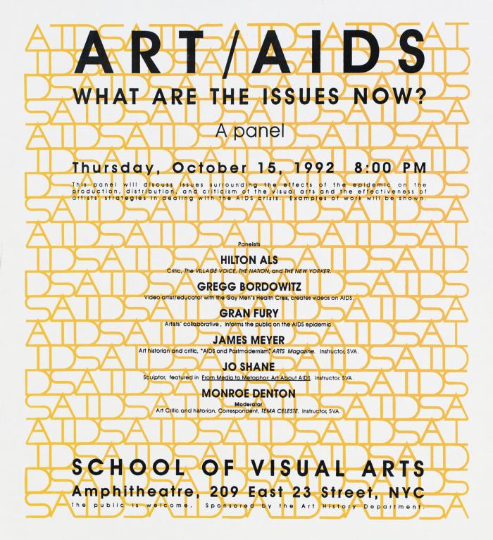 Posters depicts: event information and participant list in black on a background of the acronym "AIDS" repeated across several lines