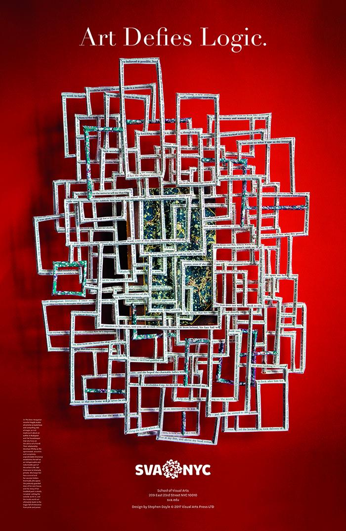 Posters depicts: Book pages are cut into an elaborate system of interconnecting pipes., some of which are painted green, against a red background.