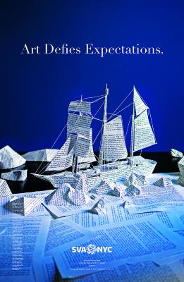 Posters depicts: Paper from a book is scattered on a black table; some are formed into an elaborate model ship. Background is a deep blue.
