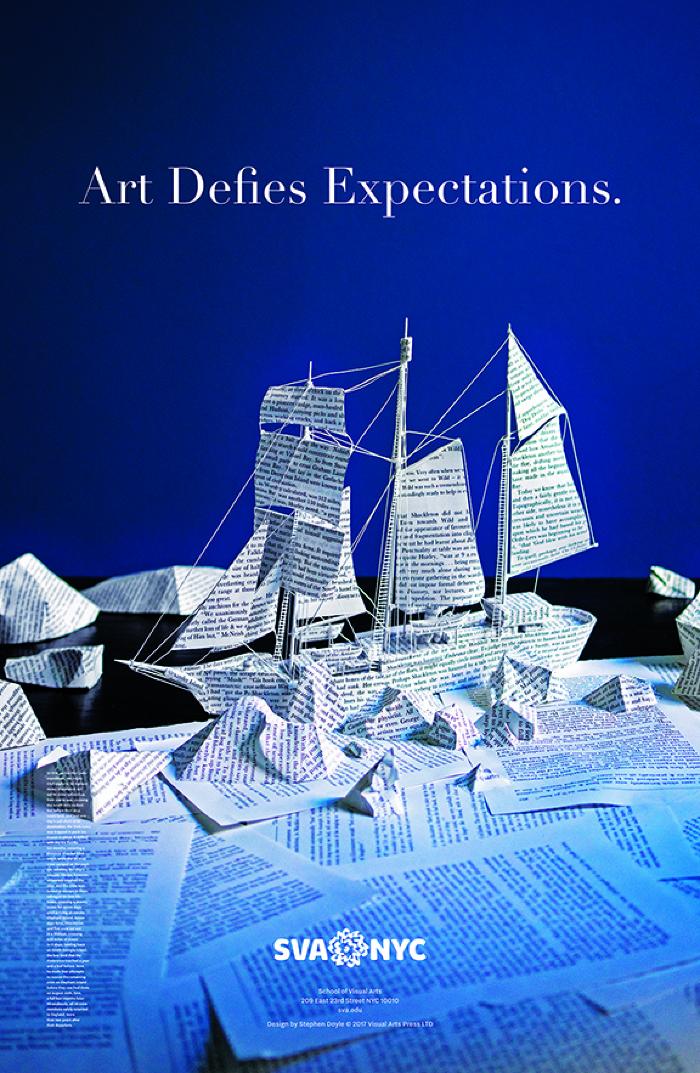 Posters depicts: Paper from a book is scattered on a black table; some are formed into an elaborate model ship. Background is a deep blue.