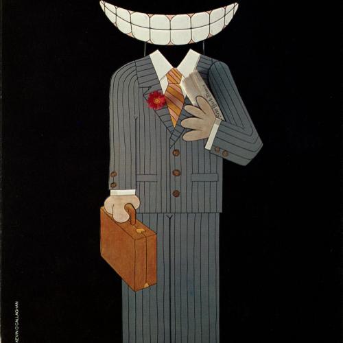 Announcements and invitations depicts: Cut out of man in suit with giant set of teeth for face