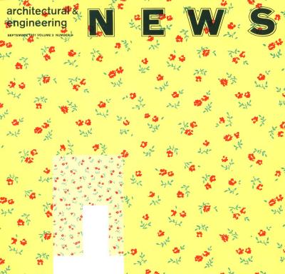 Serial Publications depicts: Yellow wallpaper pattern with red flowers, a building shape has been cut out 