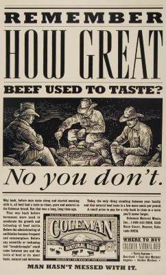 Advertisements depicts: Linocut illustration of three men in cowboy hats grilling meat on a fire, underneath is the Coleman label featuring cows in a field in front of a sunset