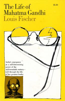 Book Covers depicts: Downward back shot of Mahatma Gandhi's glasses with a crack in the right lens. On the bottom left, a drawing of Ghandi.