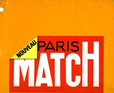 Logos and identities depicts: Paris Match logo in black and white type on a red background; the left corner is folded down and reads "Nouveau"