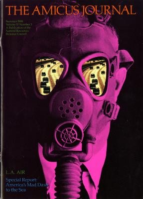 Serial Publications depicts: Magenta tone portrait of a man wearing a gas mask. The eyeholes are replaced with images of a highway. 