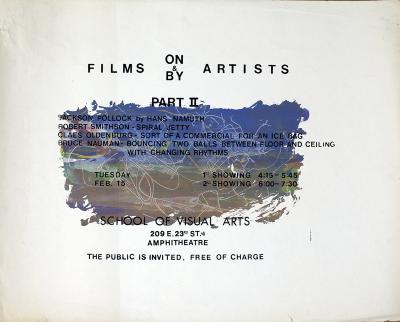 Posters depicts: black lettering on mixed blue and gray paint