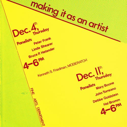 Posters depicts: white poster with green stripes and dots with event information in red lettering