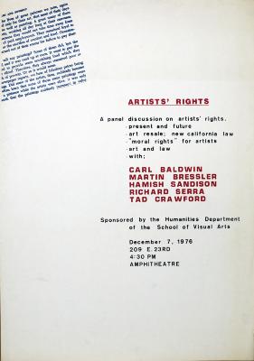 Posters depicts: red, blue and black type on a white background