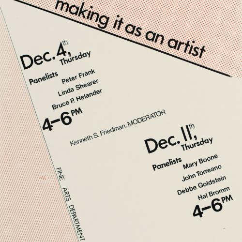 Posters depicts: white poster with red stripes and dots with event information in black lettering