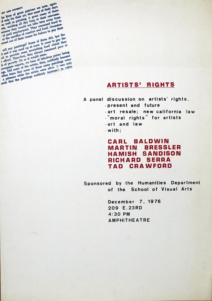 Posters depicts: red, blue and black type on a white background