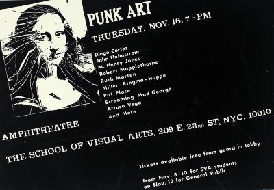 Posters depicts: black and white silkscreen, shattered-glass picture of the Mona Lisa, with title and event information