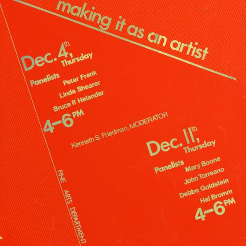 Posters depicts: red poster with event information in gold stamp lettering