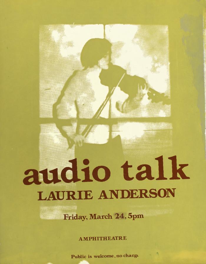 Posters depicts: silkscreen image of Anderson playing violin under projection of window, with title and information silkscreened on top in red