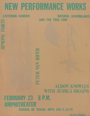 Posters depicts: artist and performance titles in green lettering on a tan background