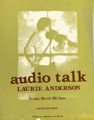 Posters depicts: silkscreen image of Anderson playing violin under projection of window, with title and information silkscreened on top in red