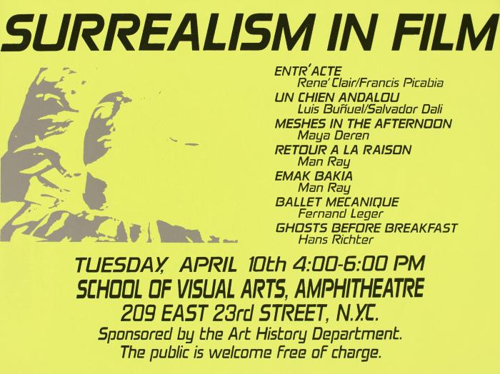 Posters depicts: yellow poster with event information and list of films in black type and a blockout white image of a person laying down looking up