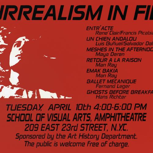 Posters depicts: red poster with event information and list of films in black type and a blockout white image of a person laying down looking up