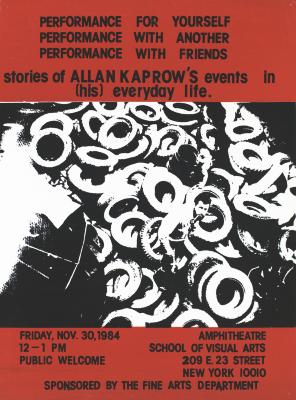 Posters depicts: black and white photo of Kaprow among tires with information and title in black text on red