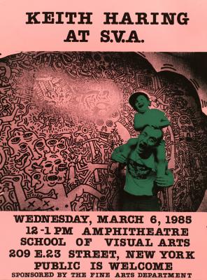 Posters depicts: pink poster with event information and black and white poster of Haring with child on his shoulders (child and Haring colored green)