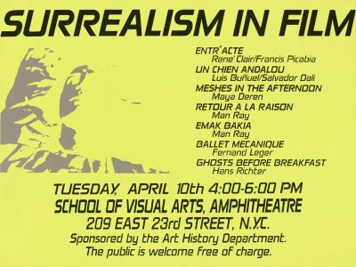 Posters depicts: yellow poster with event information and list of films in black type and a blockout white image of a person laying down looking up