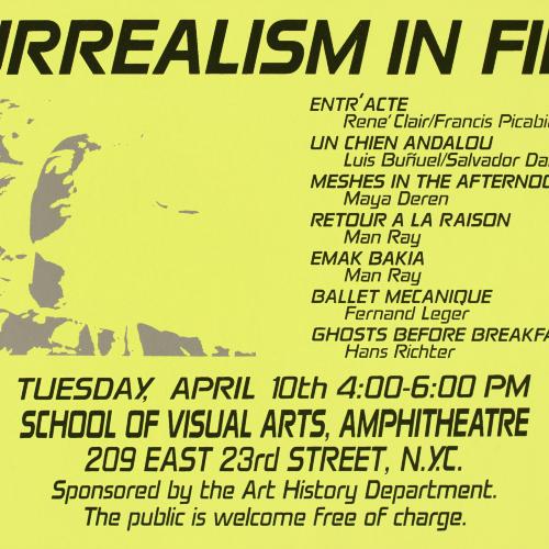 Posters depicts: yellow poster with event information and list of films in black type and a blockout white image of a person laying down looking up