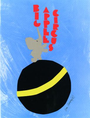 Programs depicts: Cut out of an elephant on a ball balancing "Big Apple Circus" text in columns in front of a hastily brushed blue background.