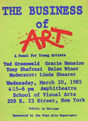 Posters depicts: A light green poster, on construction paper, with title and event information in blue monospace type (except the word "ART" which is styled as messy red paint)