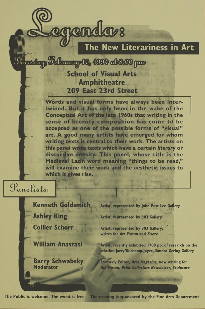 Posters depicts: Description of event overlayed over an ragged-edged unrolled vertical scroll and a hand at the bottom holding a pencil