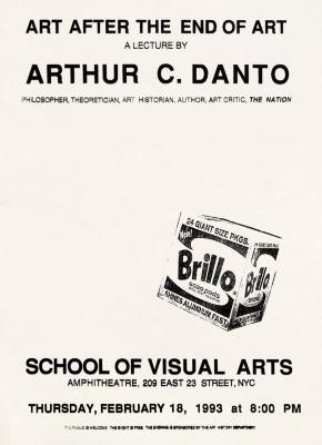 Posters depicts: white poster with event information in black block type with a small Warhol-like Brillo box just right of center