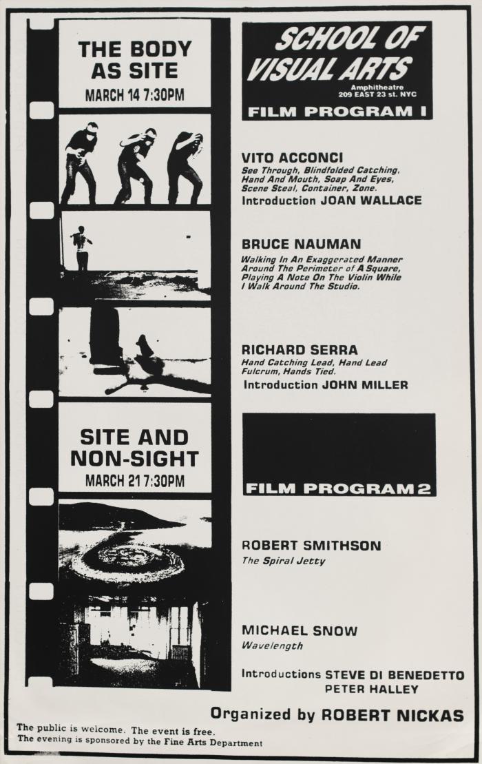 Posters depicts: black and white poster, a film strip on the left with title in top frame, followed by stills from five of the films mentioned, with event information and list of artists and films on the right 