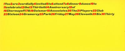 Announcements and invitations depicts: Text blurb oriented to the top left of a yellow background. There are number increasing from 1-30 in red.