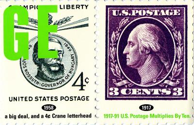 Promotional materials depicts: Close ups of two postal stamps, both with depictions of political figures and their price.