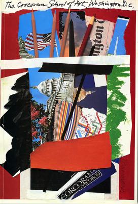 Collage of art supplies and photographs of buildings, flags and maps. 