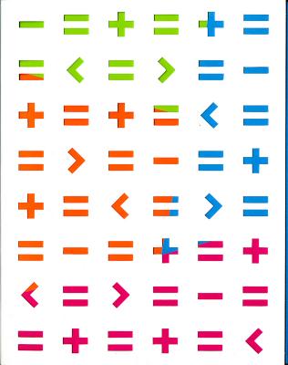 Paper sample/swatch books depicts: rows of various multicolor mathematical symbols.