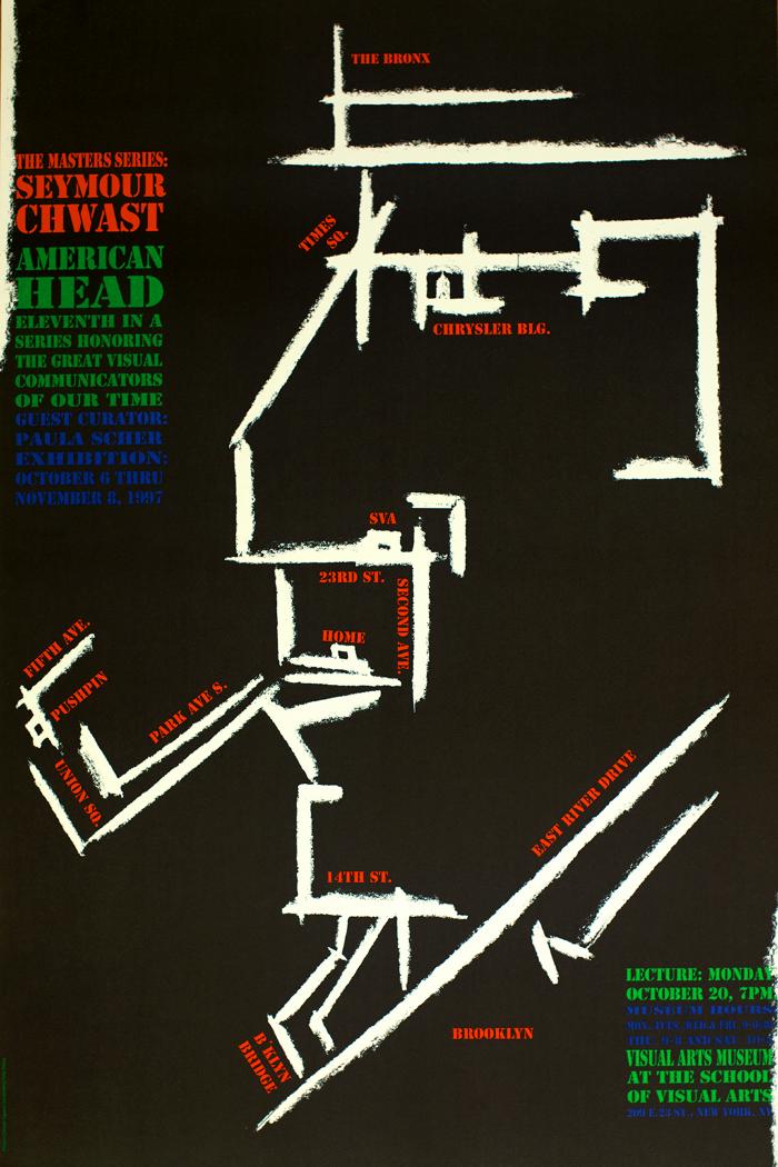 Posters depicts: Poster with rectilinear drawing of Chwast in profile
